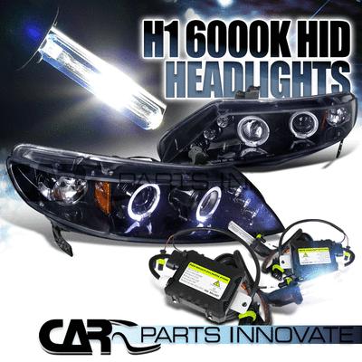 Glossy black 06-11 civic 4dr smoke led projector headlights+h1 6000k hid kit