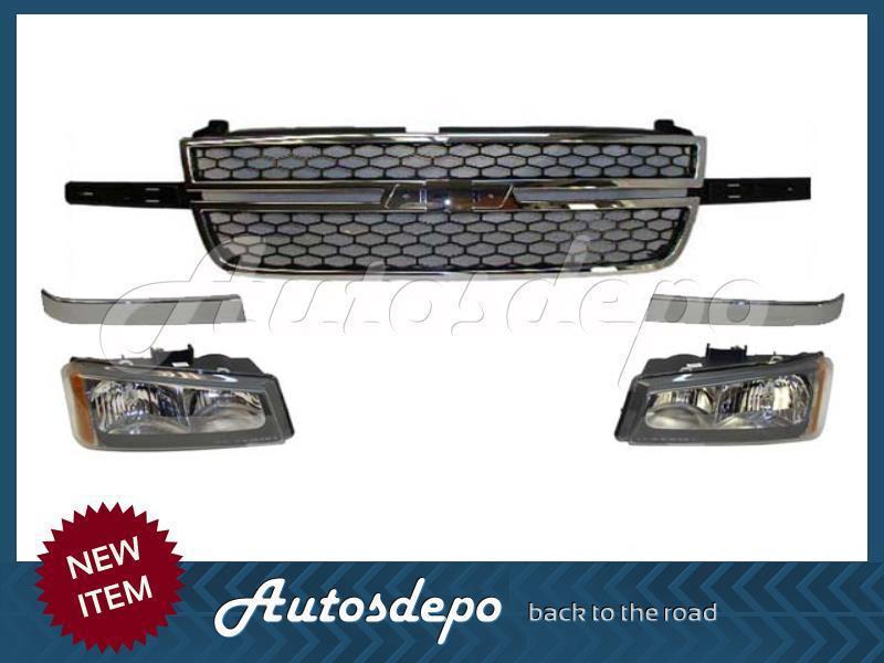 05-07 chevy silverado grille chr frame molding filler chr headlight w/bulb 5pcs