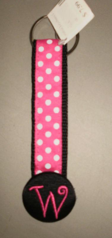 Nwt/keychain/grograin pink polka dot ribbon with black background/"w" monogram