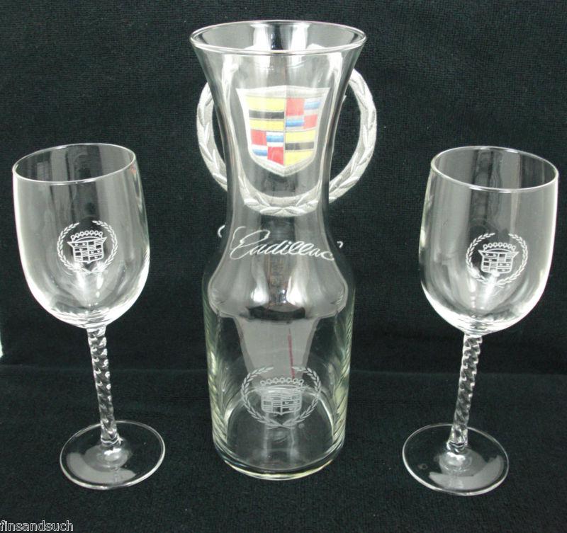 Cadillac old crest crystal carafe w / 2 wine glasses  in original box extra rare