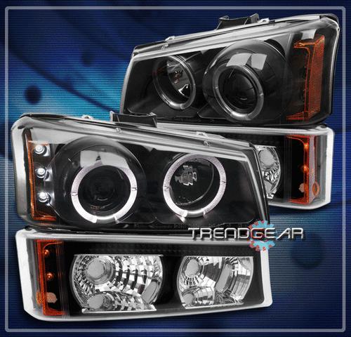 03-06 chevy silverado truck halo led projector headlight+bumper lamp black/amber