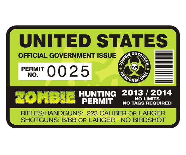 Zombie hunting permit united states decal 4"x2.4" usa outbreak unit sticker zu1