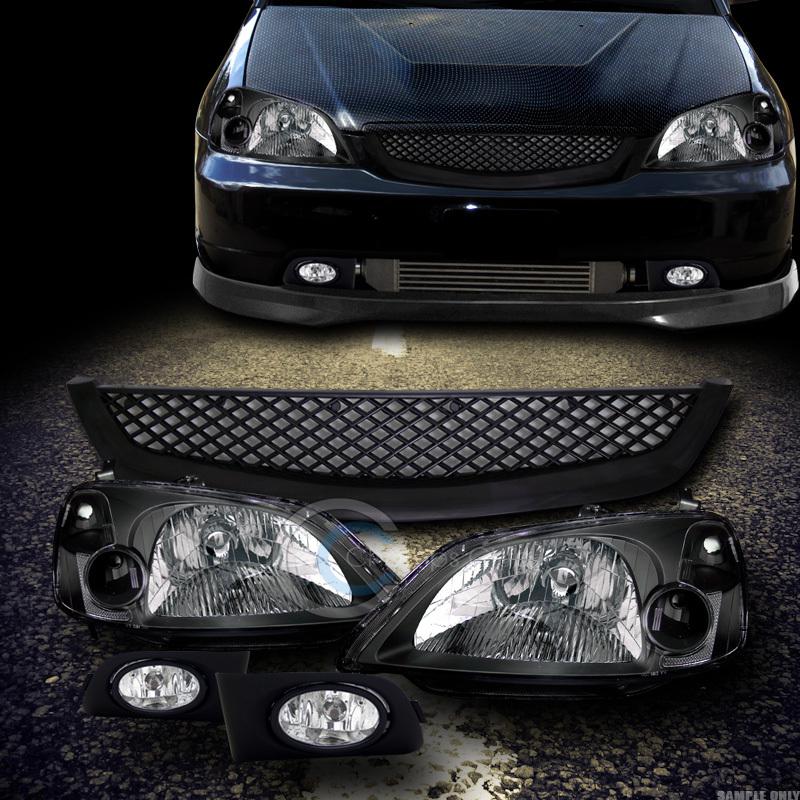 Jdm black head lights dy+grill grille+fog lamps w/switch clear 01-03 honda civic