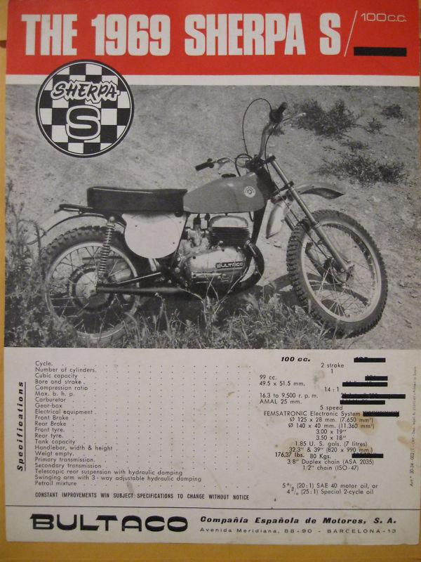 Bultaco 1969 sherpa s 100 - spec sheet brochure 11 x 8 1/2 - 1 page reproduction