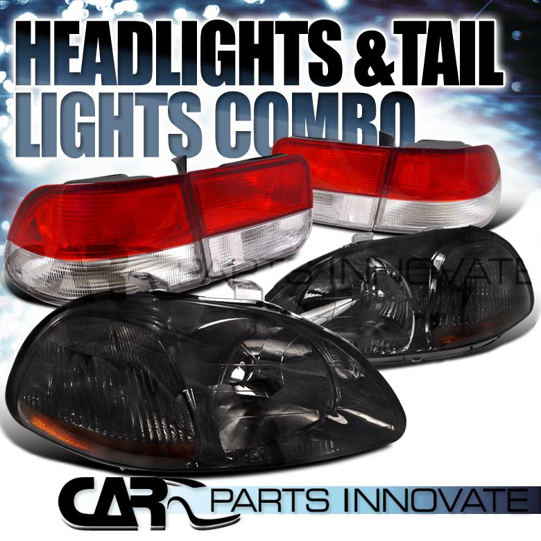 96-98 civic 2dr coupe crystal smoke headlights+red/clear rear tail lamps