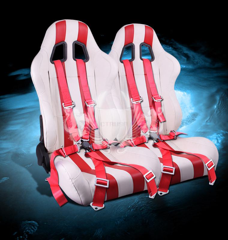 2x universal white/red stripe vinyl racing seats+6-pt red camlock harness seat