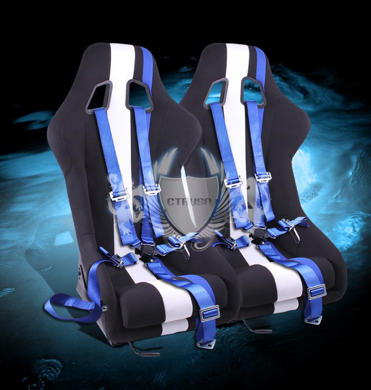 2x black/white blue stripe fabric racing bucket seat+5pt blue camlock strap pair