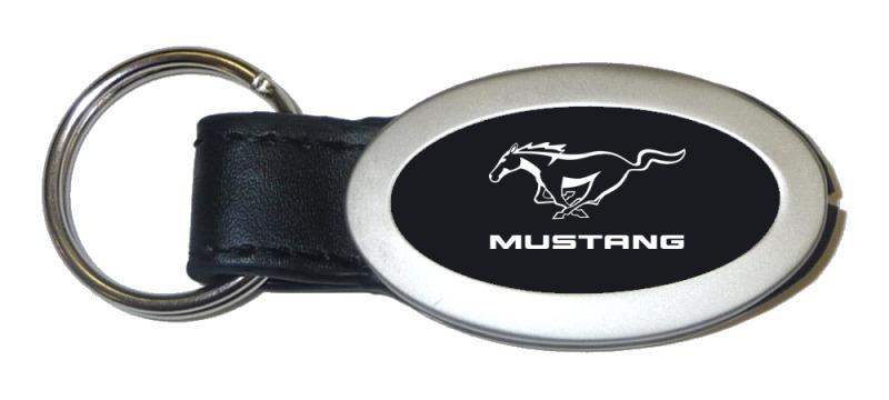 Ford mustang black oval leather metal key chain ring tag key fob logo lanyard