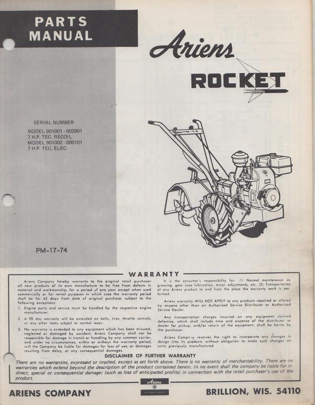  ariens rocket  parts manual p/n pm-17-74 (053)