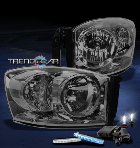 06 07 08 dodge ram 1500 2500 3500 smoke crystal head light w/blue drl led+6k hid