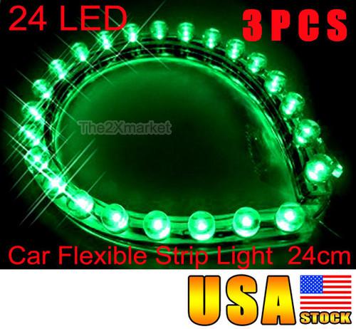 3pcs 24 led car neon flexible 12v strip green light 24cm 12v waterproof bulbs