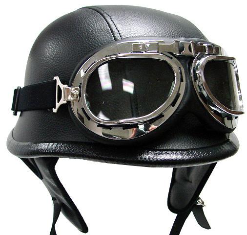 German black leather motorcycle retro dot half helmet ww2 type pilot goggles ~xl