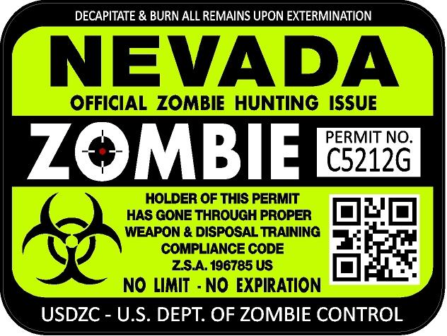 Nevada zombie hunting license permit 3"x4" decal sticker outbreak 1238