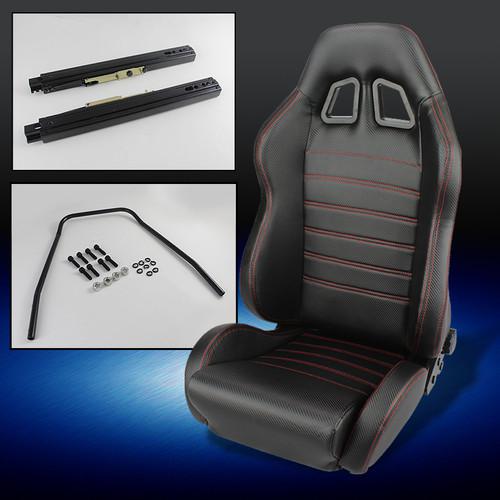 Single black carbon fiber leather w/red stitching reclinable racing seat+slider