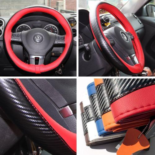 Fit kia subaru red leather carbon fiber steering wrap wheel cover 47021 14"-15"