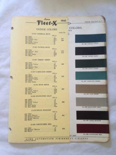 Original 1940 dodge~paint chips~automotive~acme paints~color chart