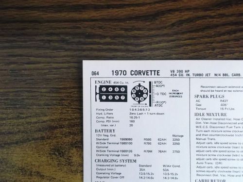 1970 chevrolet corvette series models 390hp 454 ci v8 tune up chart