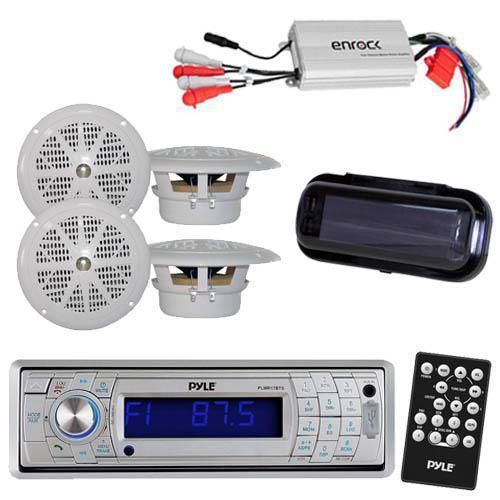 Plmr17bts marine boat am/fm radio/ bluetooth /cover + 800w amp 4 white speakers