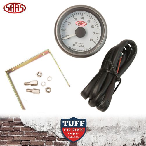 Saas tacho gauge electric white face 52mm multi colour tachometer + fitting kit