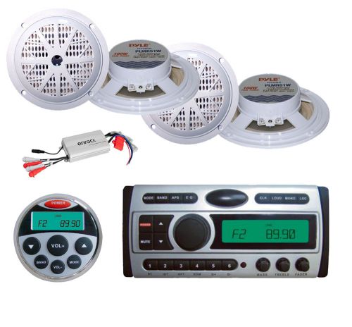 Plcdmr97 marine am/fm cd mp3 radio+ marine remote, 800w amp,4x white speakers