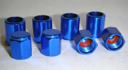 Free shipping set of 4 blue aluminum tire valve stem sleeves and caps.
