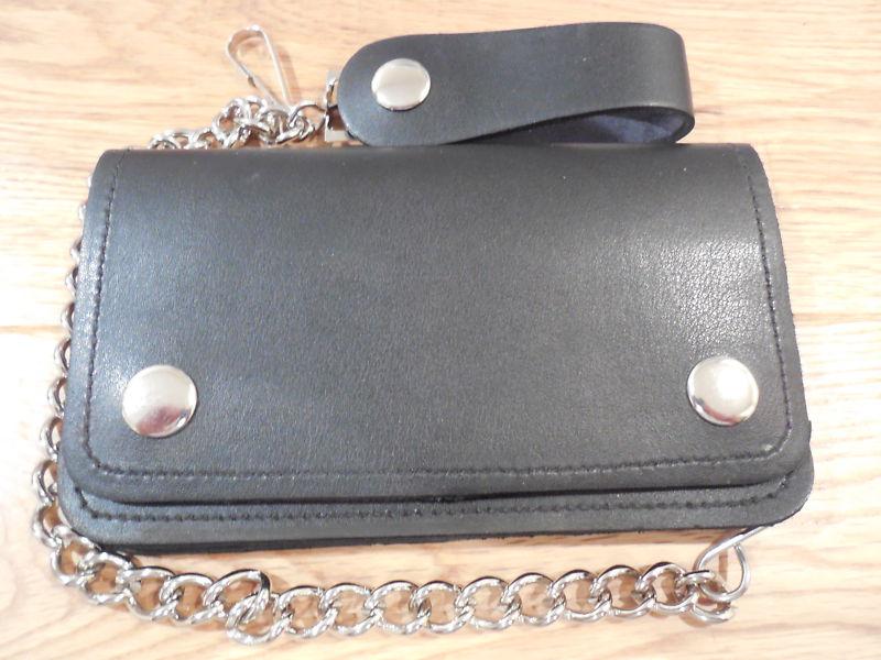 Black leather 6 inch biker / trucker wallet with 12" chain. snap belt loop  