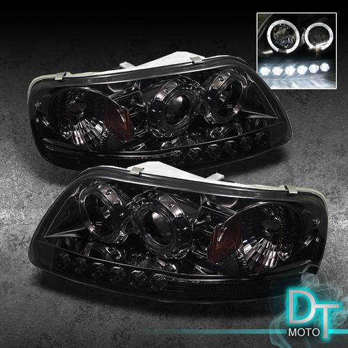 Smoked 97-03 f150 expedition dual halo projector led headlights light left+right