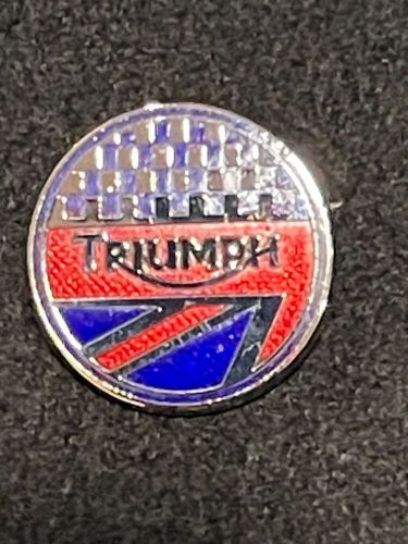 Triumph motorcycle sports pin badge w/ checker &amp; union flag design