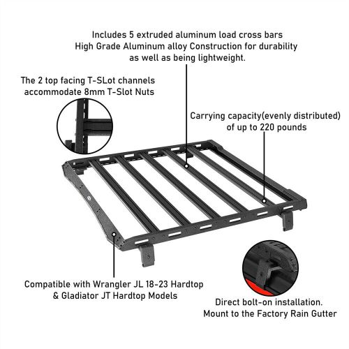 Top roof rack cargo carrier fit 2018-2024 jeep wrangler jl 4-door &amp; gladiator jt