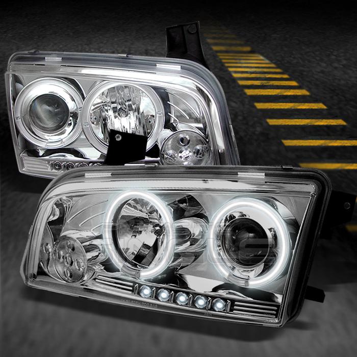 06-10 dodge charger chrome dual ccfl halo projector led head lights lamps pair
