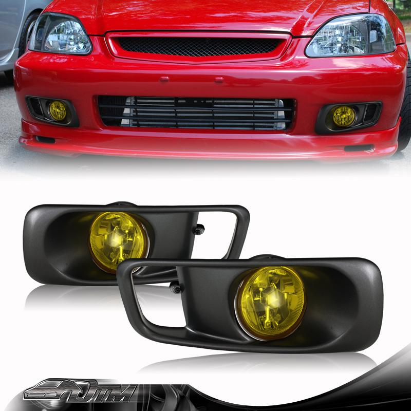 99-00 honda civic jdm yellow lense gun metal cover fog light lamp complete kit