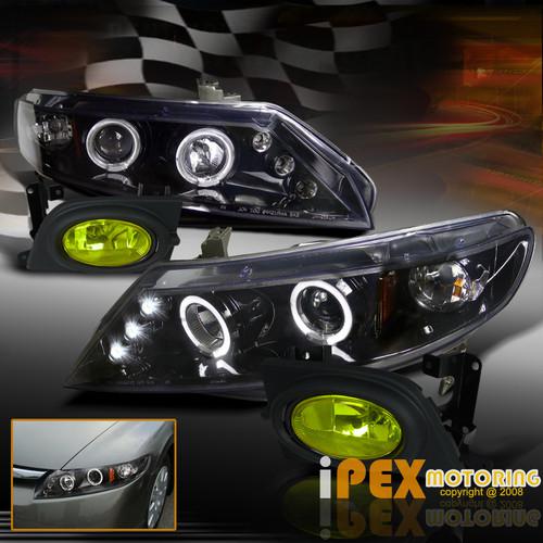 Honda civic 4 door led halo glossy black projector head light w/ yellow fog lamp