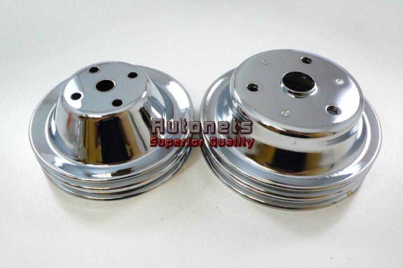 Chrome steel small block chevy long water pump pulley set 2 groove hot rat rod