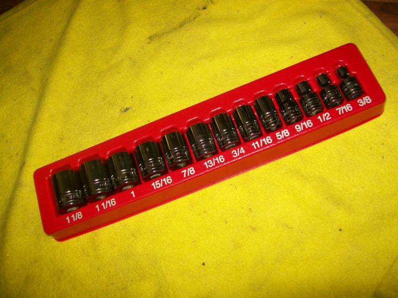 Snap-on 1/2" drive 3/8" thru 1 1/8" 6-point shallow socket set 313twya exc