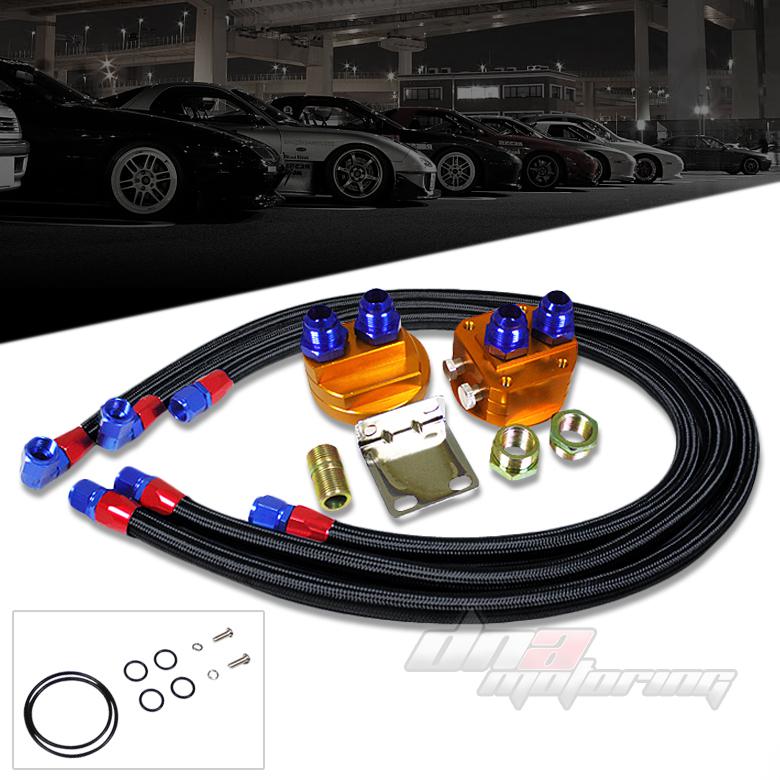 Aluminum oil filter/cooler relocation kit+3x black stainless steel line+adapter