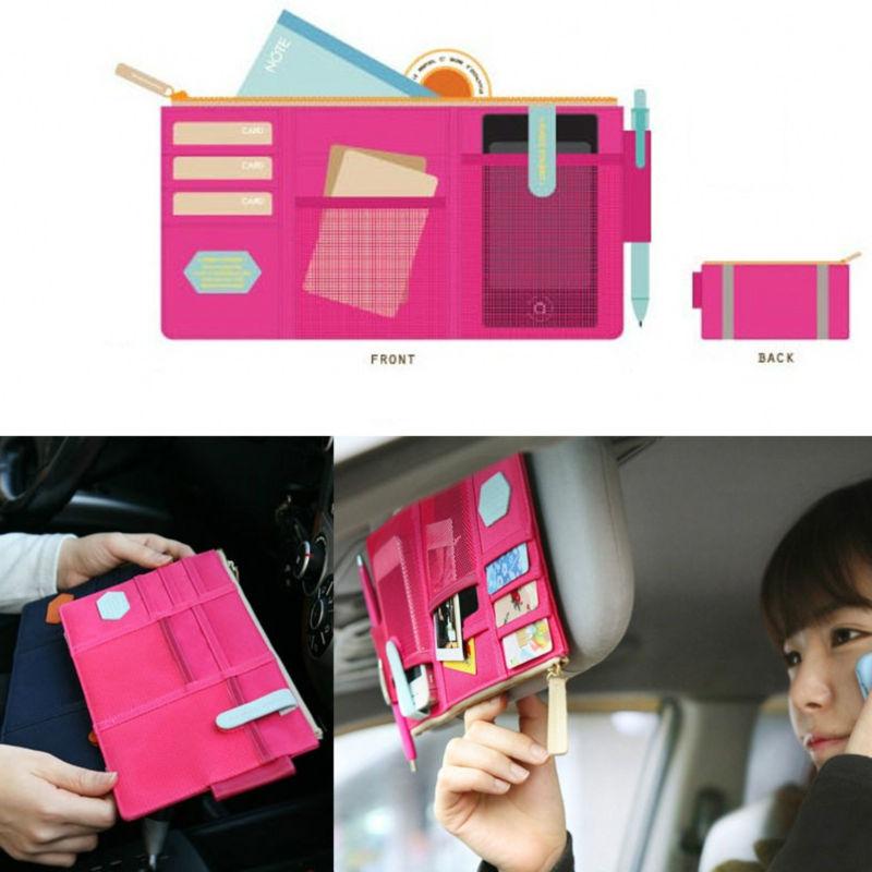 Multifunction car sun visor zippered storage bags insert bag pocket cards holder