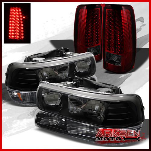 99-02 silverado black headlights+bumper signal+red smoked led tail lights lamps