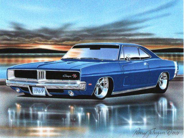 1969 dodge charger rt muscle car automotive art print blue