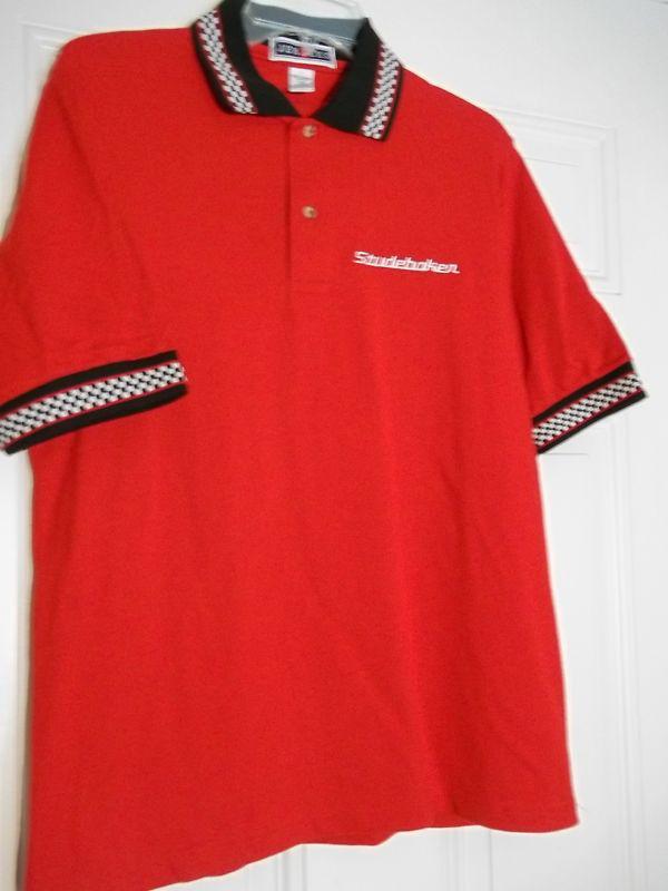 Mens size x-small red pique racing polo with embroidered white studebaker, new!