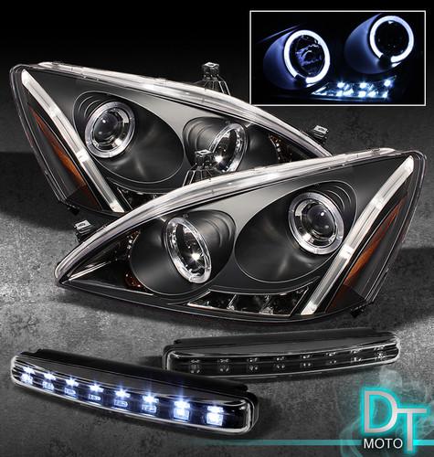 Drl led bumper fog lamps+03-07 accord dual halo projector black head lights