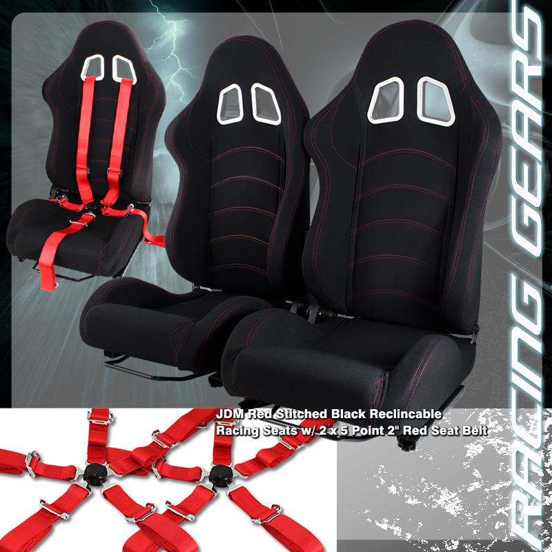 2x universal black jdm reclinable racing seats red stitching + red seat belts