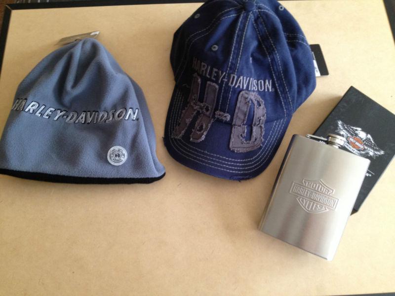 $80 harley davidson, 3 items - hat, stocking cap and flask, new w/ tags