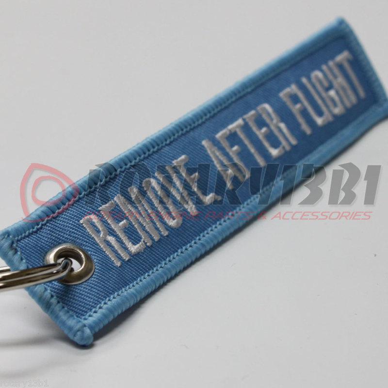 Remove after flight key chain tag ring aviation crew pilot light blue/white 1