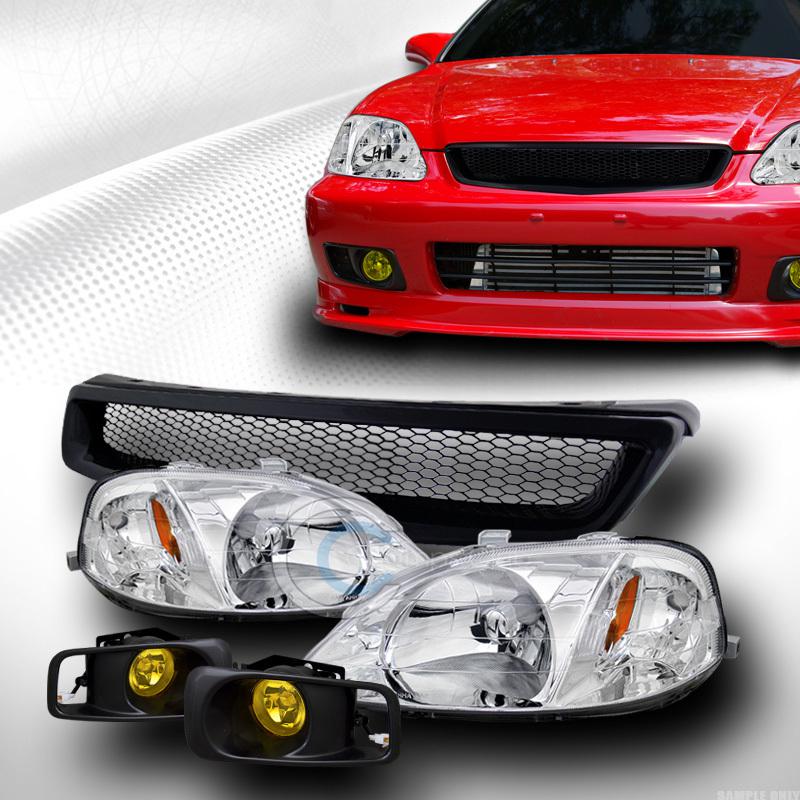 Chrome head lights amber dy+aluminum mesh grill grille+fog yellow 99-00 civic ek