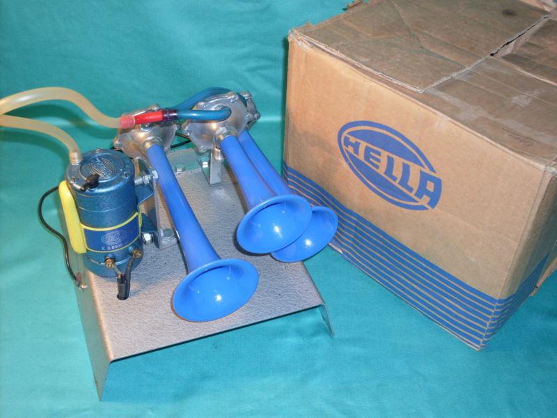 Hella 3` fanfare horns blue porsche mercedes vw beetle bmw 12 v - nos