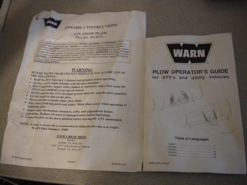 Warn plow operators guide & assembly instructions 85 pages comb 39304 a1 & 38732