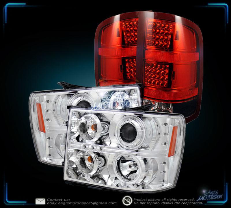 2007-2010 sierra chrome ccfl halo projector headlight/red led tail light