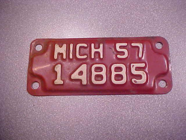Vintage 1957 michigan motorcycle license plate tag 14885 cycle antique
