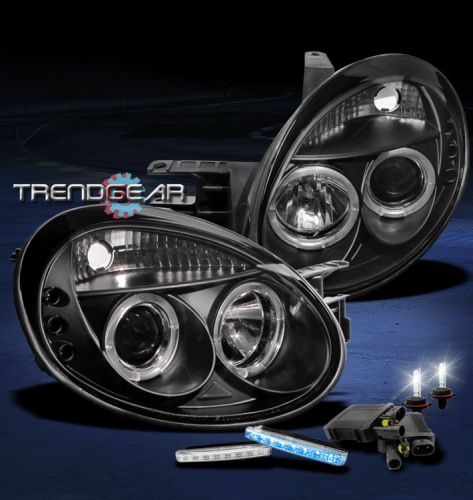 03-05 dodge neon halo led black projector head light lamp+blue drl kit+6000k hid