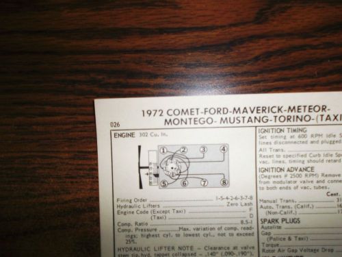 1972 mercury, ford &amp; mustang eight series models 302 ci v8 2bbl tune up chart